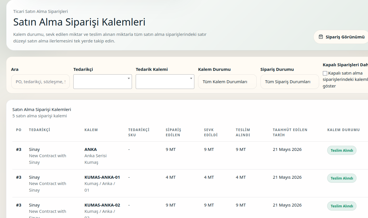 Satır durumu, taahhüt edilen tarihler, sevk edilen ve teslim alınan miktarları gösteren satın alma siparişi kalem listesi.